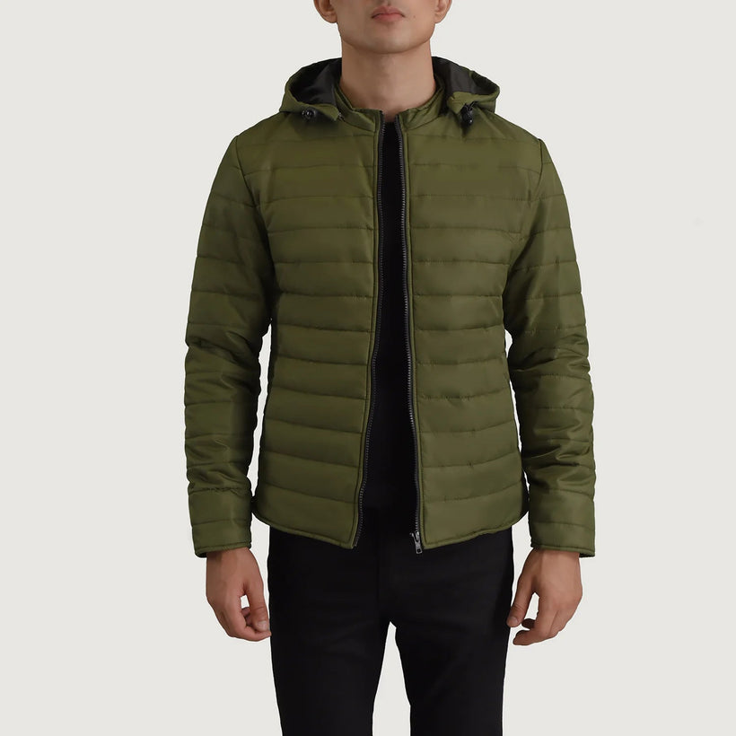 Tyler 墨绿色 Hooded Puffer 真皮夹克 男士