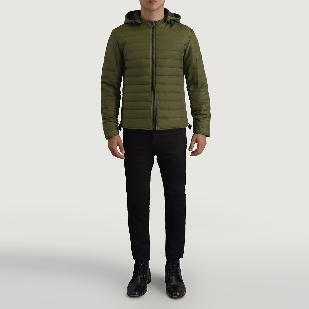 Tyler Green Hooded Puffer 真皮夹克 男士 - Lateral Side Profile View Showing Sleeve Cut &amp; Athletic Taper Fit