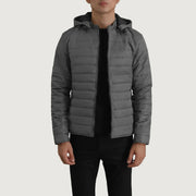 
Tyler Grey Hooded Puffer 真皮夹克 男士 in Grey Full-Grain Leather - 正面版型与定制立体剪裁轮廓 | 官方商城选购