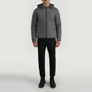 
Tyler Grey Hooded Puffer 真皮夹克 男士 - 展现立体袖型与合身版型的侧身视角