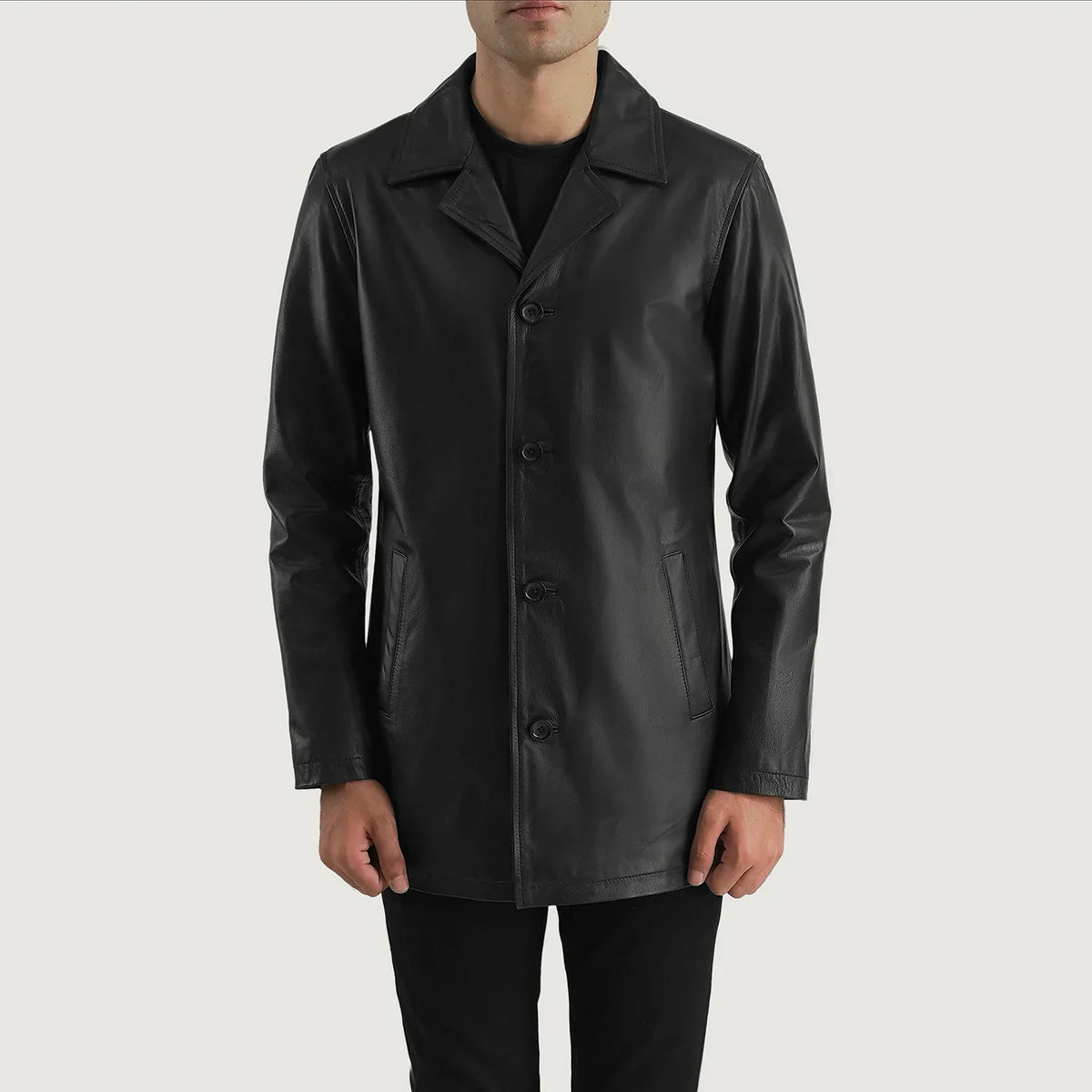 
Urban Slate 经典黑 真皮大衣 男士 in Black Cowhide (Lt-071) Leather - 正面版型与定制立体剪裁轮廓 | 官方商城选购