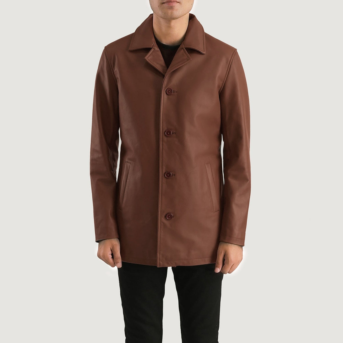 
Urban Slate 复古棕 真皮大衣 男士 in Brown Cowhide Leather - 正面版型与定制立体剪裁轮廓 | 官方商城选购