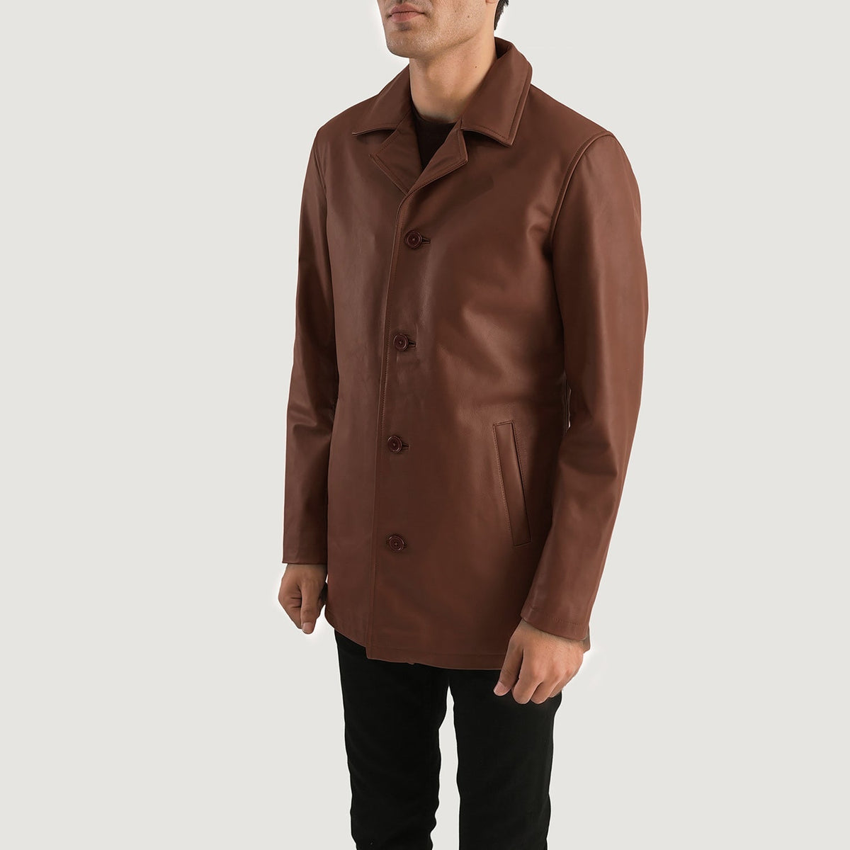 
Brown Cowhide leather Coat - 展现肩线贴合与利落下摆的背部视角