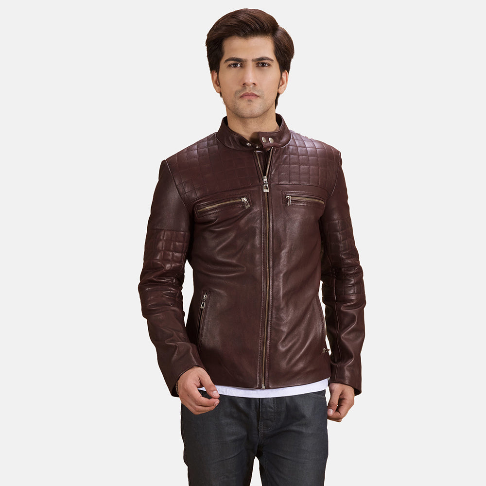 Urbane Quilted Maroon 真皮机车夹克 男士 in Maroon Sheepskin Leather - Front Profile View &amp; Tailored Silhouette | Buy Online