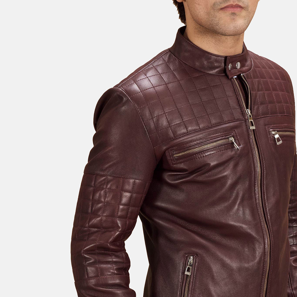 Urbane Quilted Maroon 真皮机车夹克 男士 - Lateral Side Profile View Showing Sleeve Cut &amp; Athletic Taper Fit