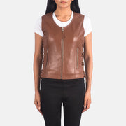 Women's Vanda 棕色 Leather Biker Vest 女士 in Brown Sheepskin Leather - Front Profile View &amp; Tailored Silhouette | Buy Online