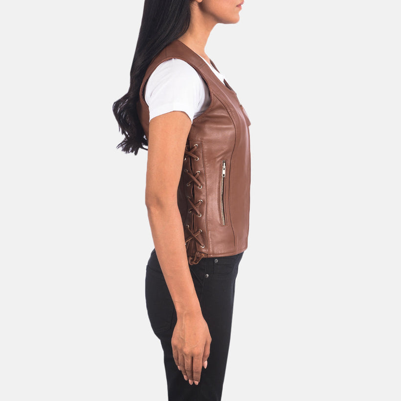 Vanda 复古棕 Leather Biker Vest 女士
