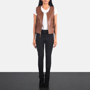 Women's Vanda 棕色 Leather Biker Vest 女士 - Lateral Side Profile View Showing Sleeve Cut &amp; Athletic Taper Fit