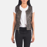 
Vanda Distressed 复古棕 Leather Biker Vest 女士 in Distressed Brown Goatskin Leather - 正面版型与定制立体剪裁轮廓 | 官方商城选购