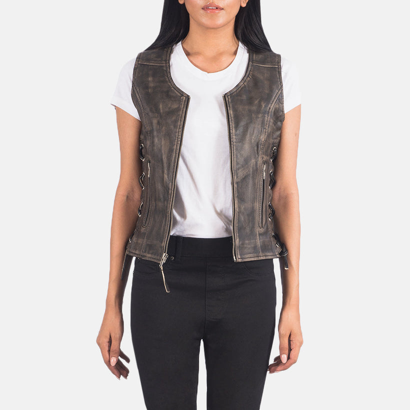 Vanda Distressed 复古棕 Leather Biker Vest 女士