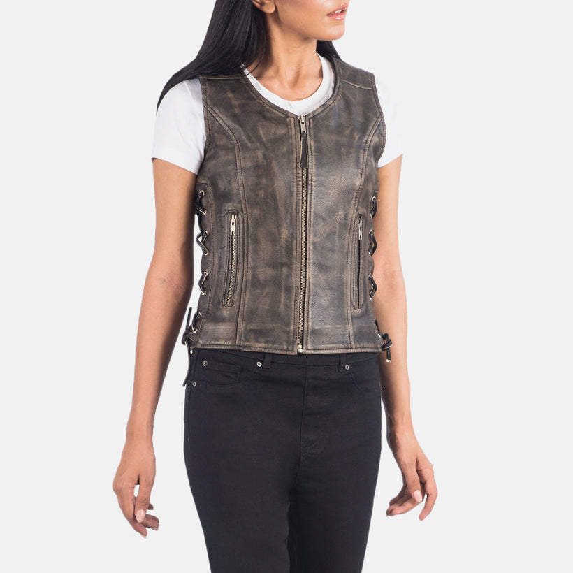 Vanda Distressed 复古棕 Leather Biker Vest 女士