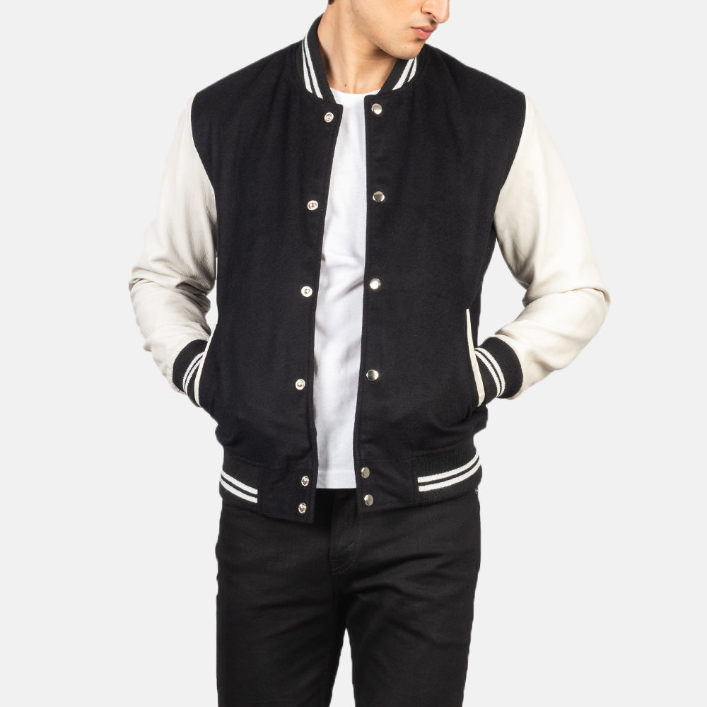 Men's Vaxton 黑色 &amp; White Hybrid Varsity 真皮夹克 男士 in Black &amp; White Sheepskin Leather - Front Profile View &amp; Tailored Silhouette | Buy Online