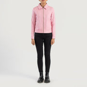 
Vixen Pink Classic Collar Leather Jacket - 展现立体袖型与合身版型的侧身视角