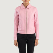 
衬衫翻领与重型金属拉链细节特写 Vixen Pink Classic Collar Leather Jacket