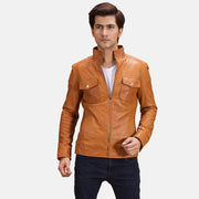 Voltex 浅褐色 真皮机车夹克 男士 in Tan Brown Sheepskin Leather - Front Profile View &amp; Tailored Silhouette | Buy Online
