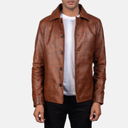 Waffle 棕色 真皮夹克 男士 in Distressed Brown Sheepskin Burnishing - Front Profile View &amp; Tailored Silhouette | Buy Online