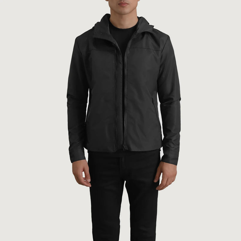Wesley 经典黑 Hooded Windbreaker 真皮夹克 男士