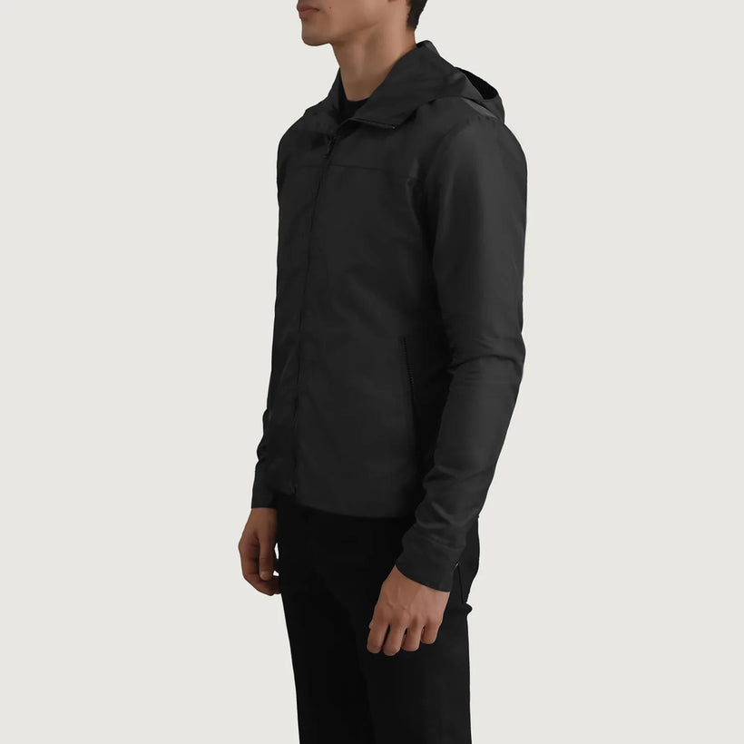 Wesley 经典黑 Hooded Windbreaker 真皮夹克 男士