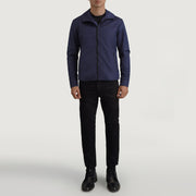 
Wesley 深海蓝 Hooded Windbreaker 真皮夹克 男士 - 展现立体袖型与合身版型的侧身视角