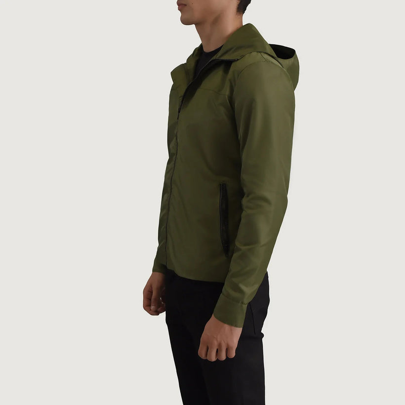 Wesley 墨绿色 Hooded Windbreaker 真皮夹克 男士
