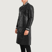 
Black Sheepskin Leather Varsity Jacket - 展现肩线贴合与利落下摆的背部视角
