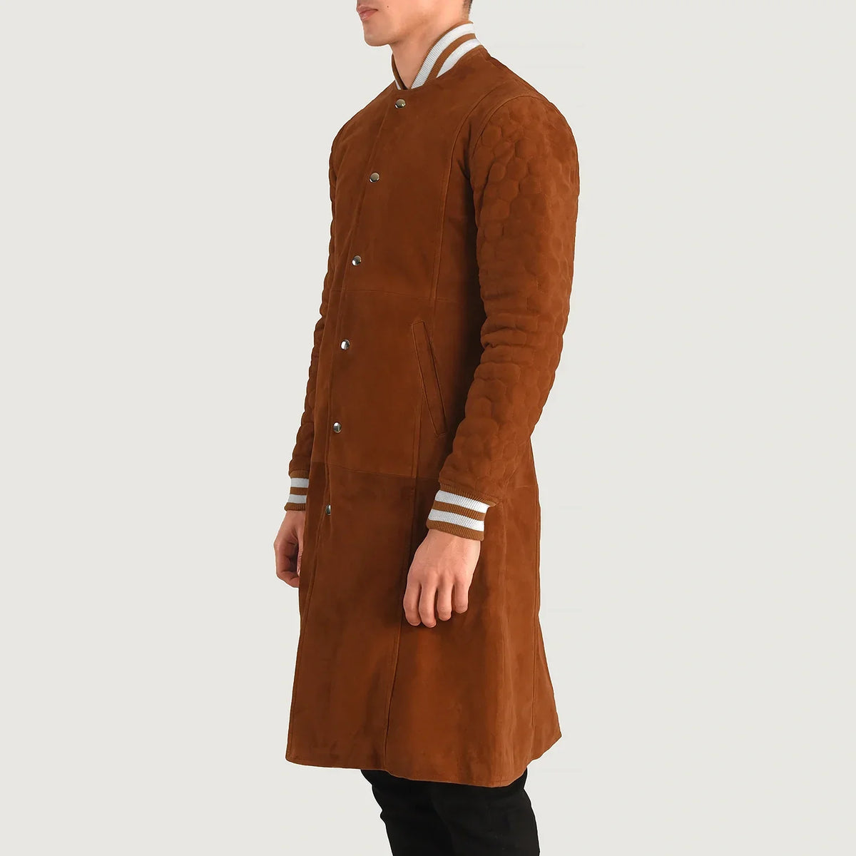 
Tan Bown Goatskin Suede Varsity Jacket - 展现肩线贴合与利落下摆的背部视角