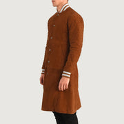 
Tan Bown Goatskin Suede Varsity Jacket - 展现肩线贴合与利落下摆的背部视角