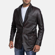 Men's Wine 黑色 真皮西装外套 男士 in Dark Brown Cow Hide Leather - Front Profile View &amp; Tailored Silhouette | Buy Online