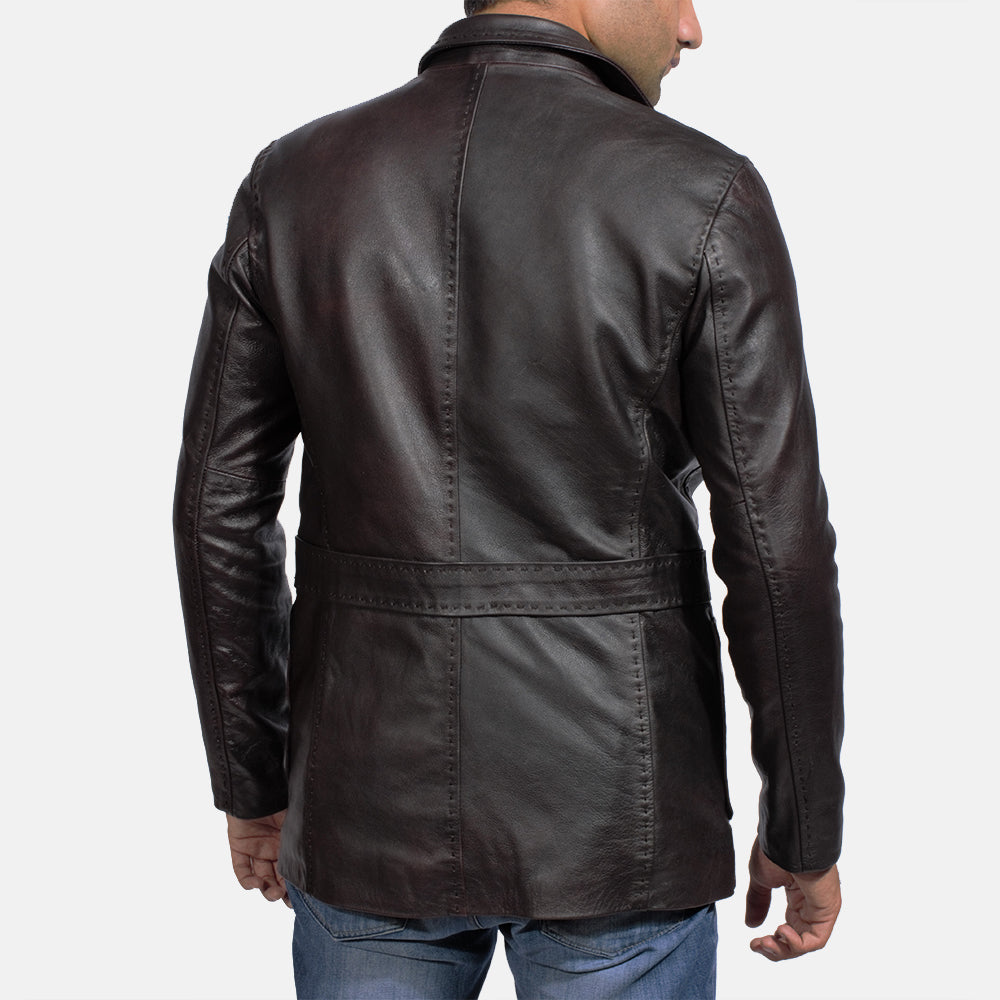 Men's Wine 黑色 真皮西装外套 男士 - Lateral Side Profile View Showing Sleeve Cut &amp; Athletic Taper Fit