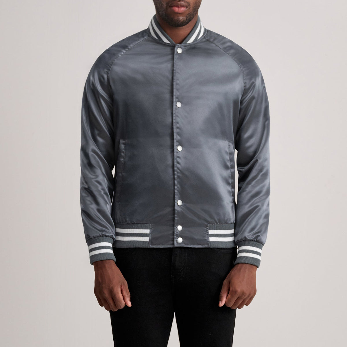 Xander Grey Varsity 真皮夹克 男士 in Grey Satin - Front Profile View &amp; Tailored Silhouette | Buy Online