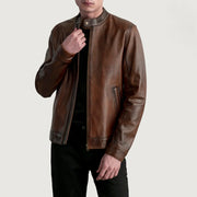 
Zen Distressed 复古棕 真皮机车皮衣 男士 in Distressed Brown Sheepskin Leather - 正面版型与定制立体剪裁轮廓 | 官方商城选购