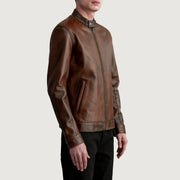 
Distressed Brown Sheepskin Leather Biker Jacket - 展现肩线贴合与利落下摆的背部视角