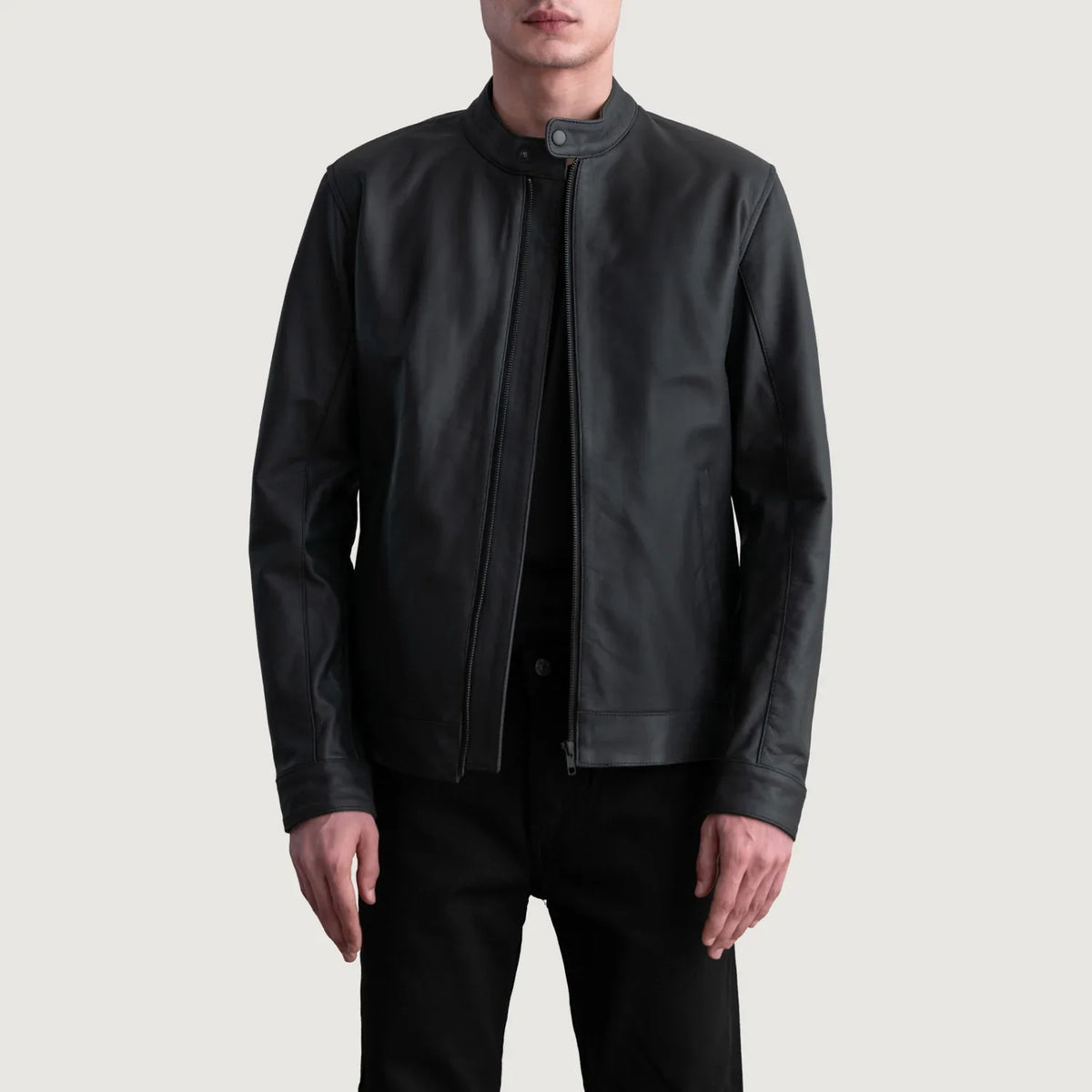 Zen Matte 黑色 真皮机车夹克 男士 in Matte Black Cowhide Leather - Front Profile View &amp; Tailored Silhouette | Buy Online