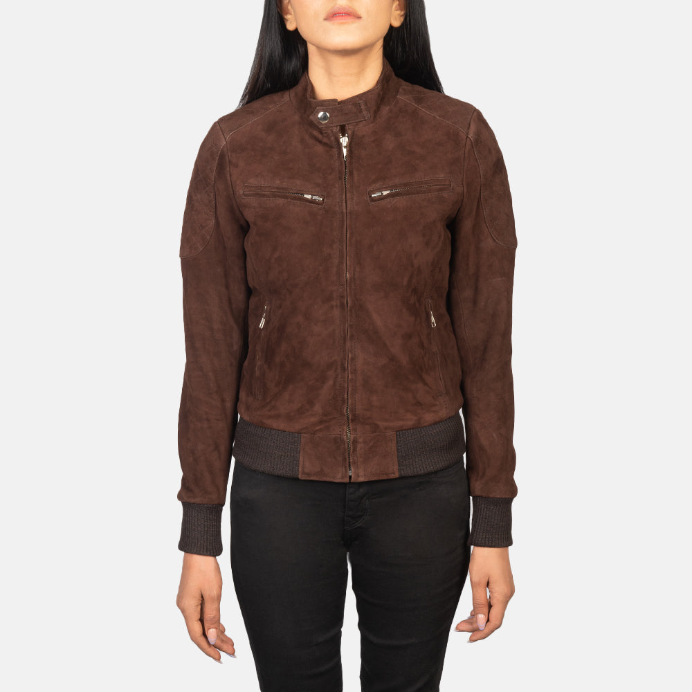 
细节特写 of Band with Snap Button & Zipper Hardware on Zenna Mocha Suede Bomber Jacket